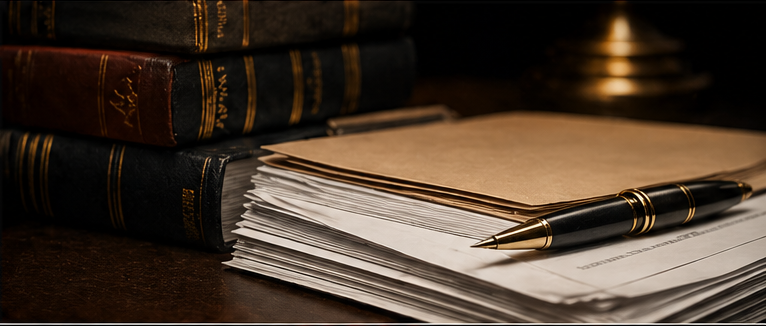 Appellate record with law books, case papers, and pen