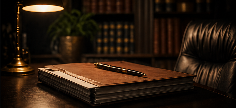 Law office consultation desk with claim file and warm lamp