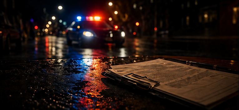 DUI defense scene with legal papers and police lights on wet road