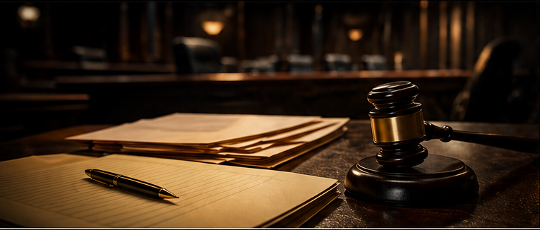 Courtroom trial table with case files and legal pad